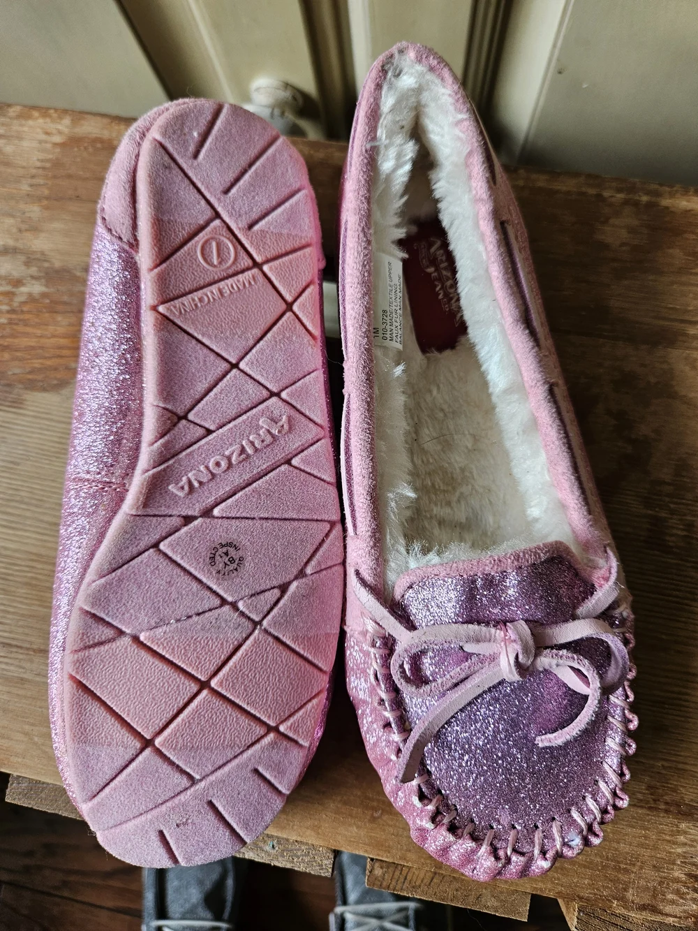 Girl’s Pink Glitter Moccasin Slippers - Faux Fur Lining